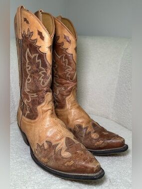 Laredo Cowboy Boots Tan Brown Two Tone Western Leather Bohemian Festival Pointy